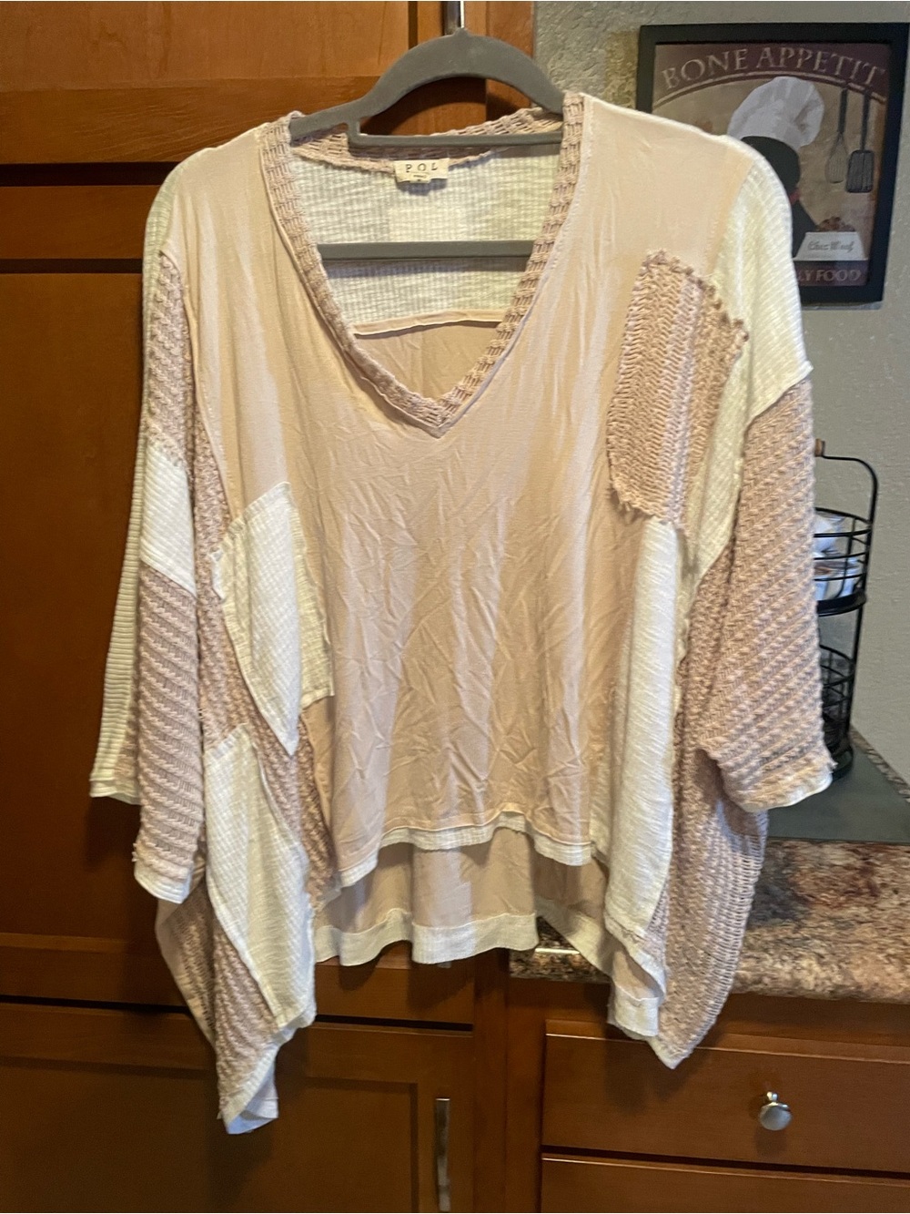 POL Patchwork V-Neck Relaxed Tunic — Blush & Cream
